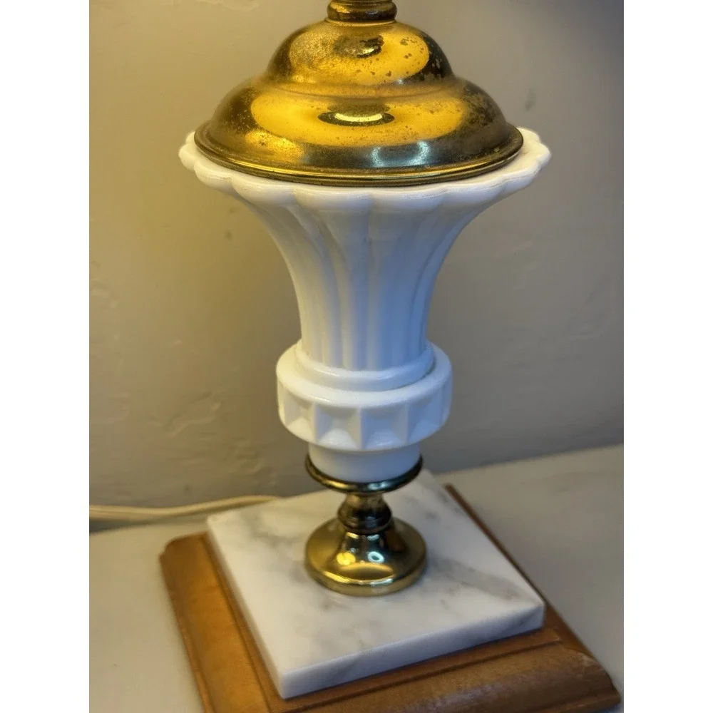 Vintage Milk Glass Brass Urn Table Lamps Marble Wood Base Mid Century Set